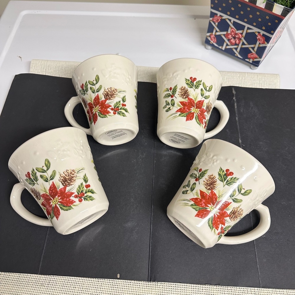 Longaberger Pottery Nature's Garland Holiday Mugs‎ 4 Piece Set 12 oz NEW Vtg